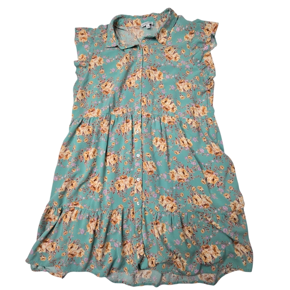 Luxology teal floral button-down dress 